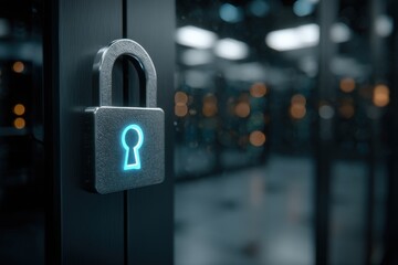 A close up of a padlock with a glowing keyhole guarding server room access door, emphasizing data security and network safety in technology infrastructure.