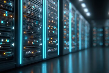A server room filled with glowing blue lights indicating high performance and advanced data processing, showcasing the backbone of modern information technology.