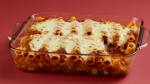 Baked ziti pasta with tomato sauce and cheese
