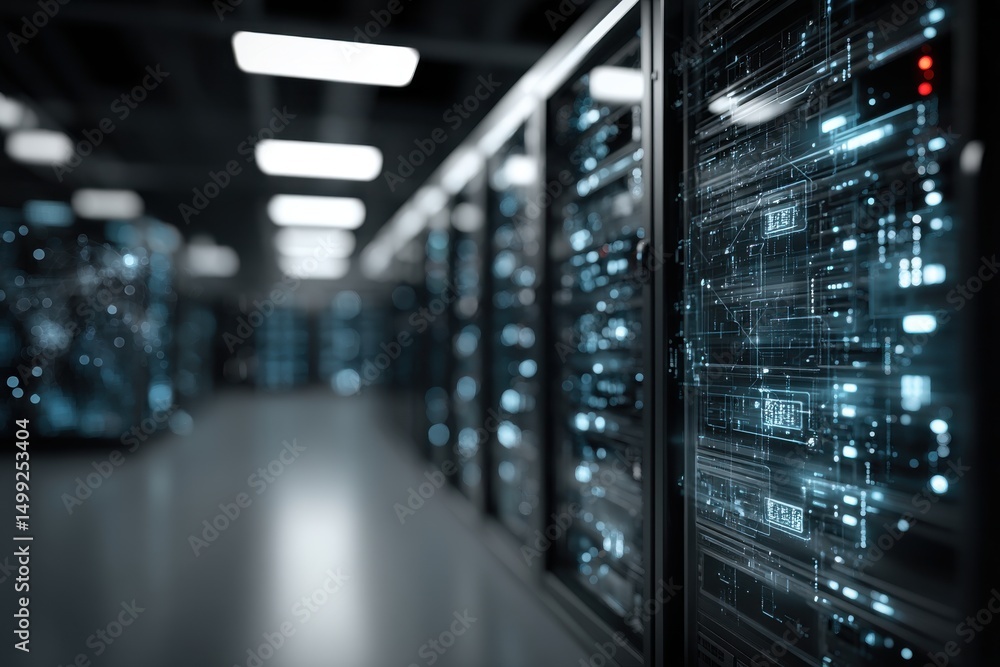 Poster rows of modern servers in a data center, showcasing advanced technology, offering a glimpse into net