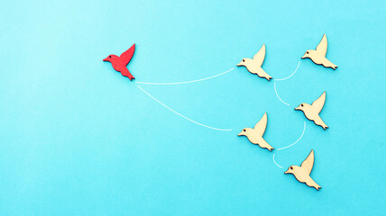 Concept image of birds following the leader. Idea of teamwork and moving ahead