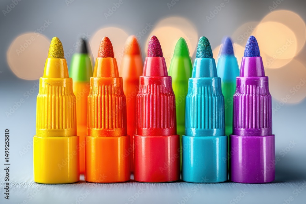 Poster a vibrant array of colorful markers, perfect for creative projects and artistic endeavors, standing 