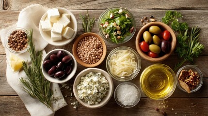 Fresh Mediterranean diet ingredients arranged on a wooden table, showcasing healthy and balanced eating.
