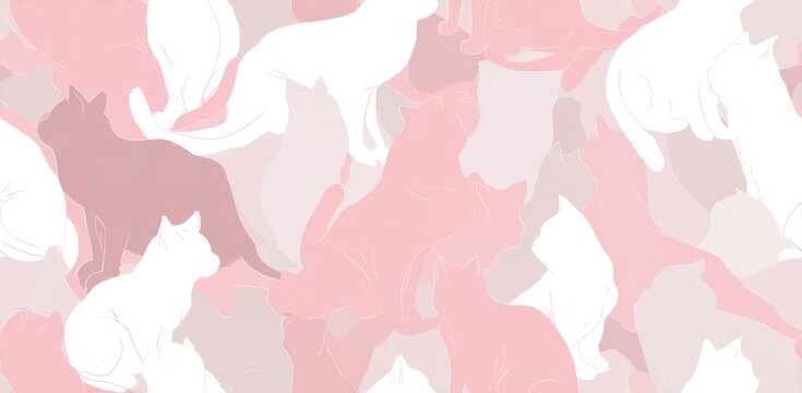 Fototapeta Abstract pattern of overlapping cat silhouettes in pastel pink and white.