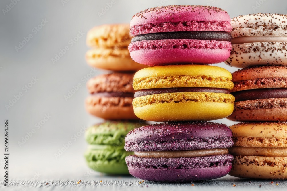 Poster a colorful stack of assorted macarons, a delightful confectionery creation, stacked on top of each o