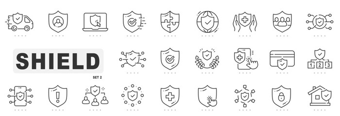 Set of shield line icons. Protection, security, defense, guard etc. Editable stroke. Set 2
