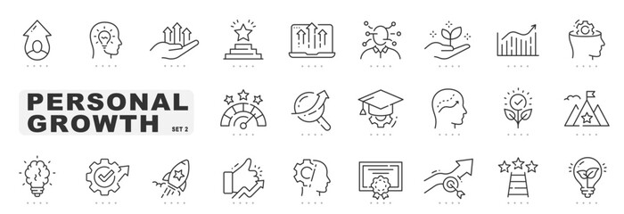 Set of personal growth related line icons. Development, improvement, achievement, upskill etc. Editable stroke. Set 2