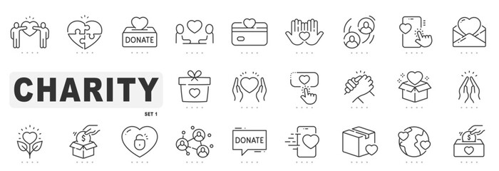 Set of charity related line icons. Donation, support, care, help etc. Editable stroke.