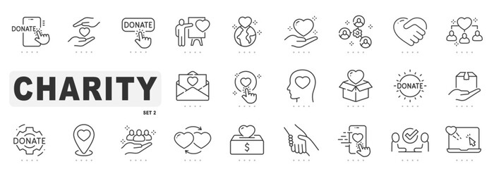 Set of charity related line icons. Donation, support, care, help etc. Editable stroke. Set 2