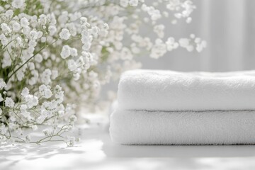 White Towels Stacked Freshly in Serene Spa Setting with Gypsophila Floral Accents Soft Texture Cleanliness and Wellness