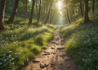 Sun-dappled path, wildflowers carpet forest floor beside rushing brook,  biodiversity,  woodland,  scenic