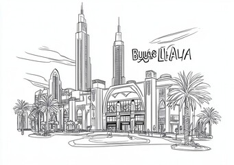 Naklejka premium Czarno-biały rysunek panoramiczny miasta z wysokimi wieżowcami i palmami