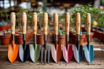 A colorful assortment of gardening hand tools, including trowels and forks, lined up neatly on a wooden surface in a greenhouse, ready for spring planting.