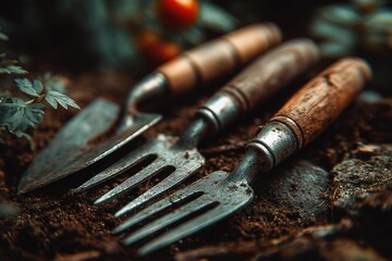 A close-up of vintage gardening tools resting on rich, dark soil, suggesting a timeless connection to nature and the earth, and the beauty of simple tools.