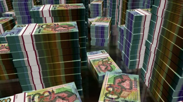 Belarus money Belarusian rubel notes packs loop. 3D flight over 100 BYN banknotes stacks towers. Loopable seamless abstract background concept of business, economy crisis and finance.