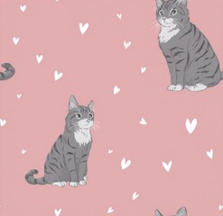 Gray tabby cats on a light pink background with scattered hearts.