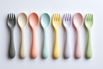 A colorful collection of children's utensils, including spoons and forks, arranged in a neat row against a stark white background, perfect for feeding toddlers.
