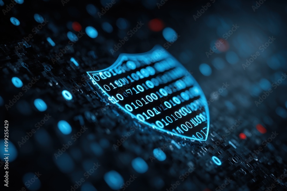 Aufkleber a futuristic glowing shield with binary code, symbolizing cybersecurity, data protection, and digita