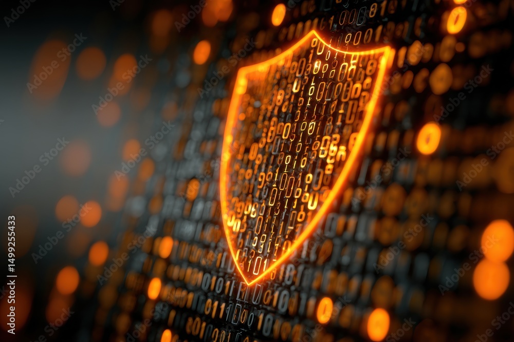 Poster a digital shield protects data displayed as glowing orange binary code, symbolizing cybersecurity an