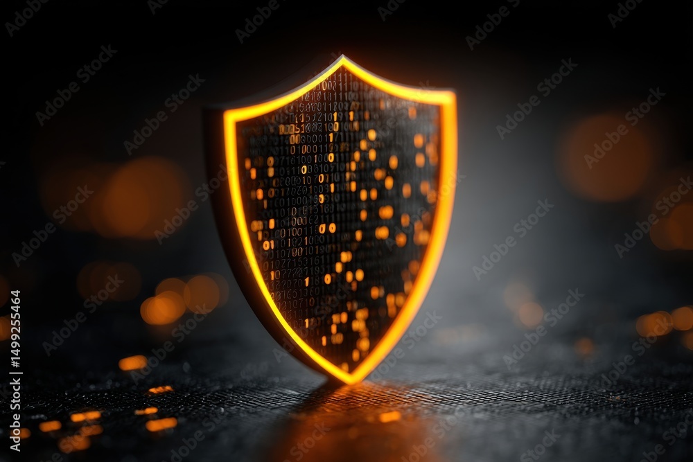 Poster an abstract digital shield symbolizing data protection and cybersecurity measures, with illuminated 