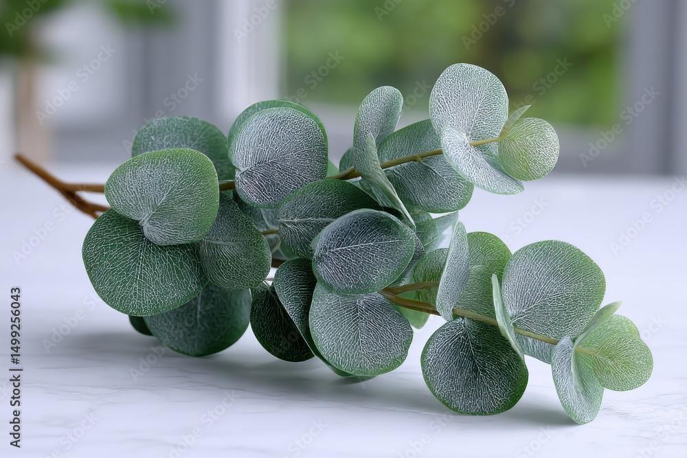 Poster close-up view of an artificial eucalyptus branch with round leaves, showcasing its elegant and simpl