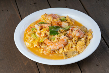 Chinese style fried egg with leeks and chunky tiger shrimps