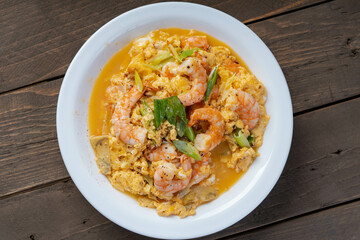 Chinese style fried egg with leeks and chunky tiger shrimps