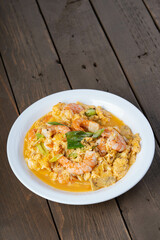 Chinese style fried egg with leeks and chunky tiger shrimps
