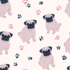 Fototapeta premium Pug dogs and paw prints on a seamless pattern.