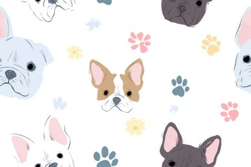 Cute french bulldog faces with flower and paw prints.