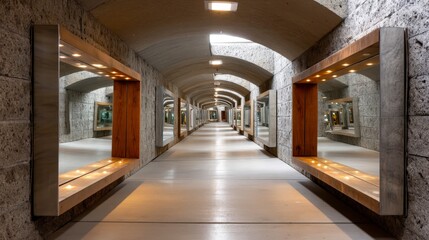 Stunning Architectural Hallway with Symmetrical Mirrors and Soft Lighting in Modern Design Setting