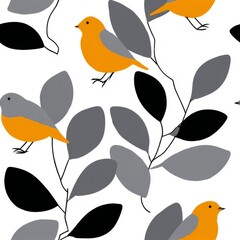 Fototapeta premium Orange bird and gray leaf pattern on white background.
