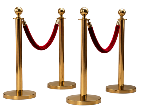 Golden Post Stanchion and Red Rope Queue Divider Isolated on Transparent Background