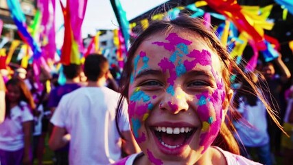 Happy girl with colorful paint on face smiling during street festival with rainbow flags and crowd in background