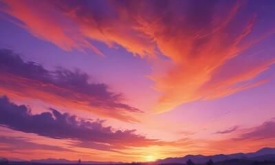 Fiery orange and purple sunset sky, painterly watercolor texture  ,  dramatic,  background,  clouds