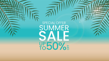 Bright summer sale design with palm leaves and beach background ideal for seasonal promotions and discounts