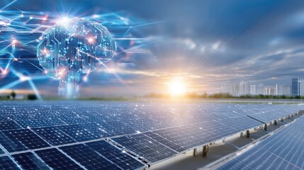 Solar Panels with AI Brain Concept for Renewable Energy and Sustainable Future
