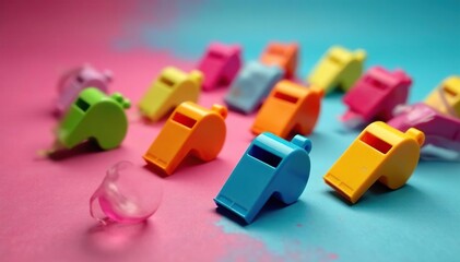Obraz premium Group of whistles, scattered on a vibrant surface, ready for a party , party supplies, scattered whistles