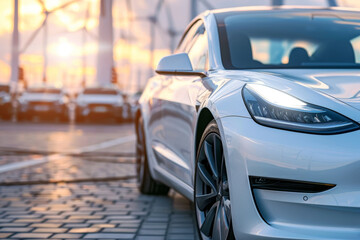 Fototapeta premium Front view of a modern electric vehicle with wind turbines in background.