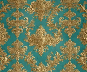 Luxurious gold leaf damask on turquoise, repeating pattern  Vintage style , graphic, opulent