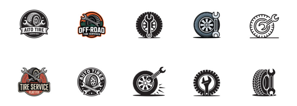 set of tire service icons, automotive wheel repair and vehicle maintenance
