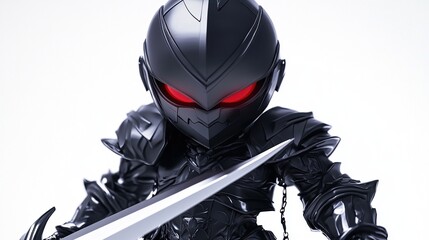A chibi-style, dark-armored miniature figure with glowing red eyes holds a long, slender sword. The figure is predominantly black with metallic highlights, 
