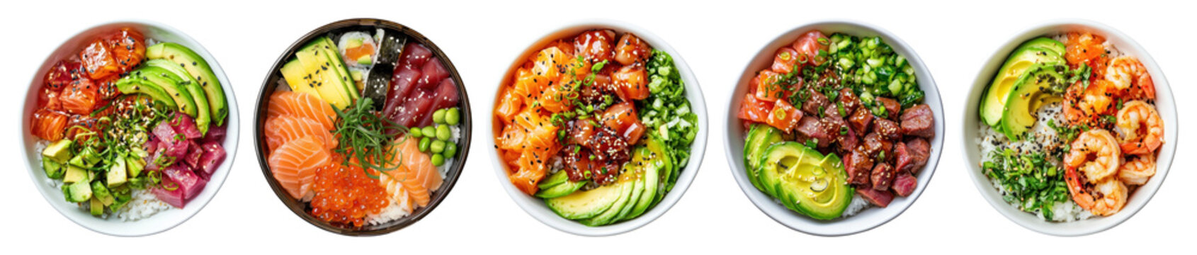PNG Colorful fresh poke bowls variety, element set on transparent background