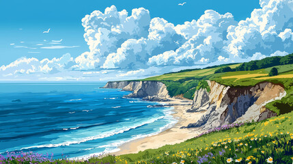 coastline coastal countryside illustration ocean coast, nature, beautiful seascape coastline coastal countryside