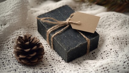 Handmade soap gift with winter setting.