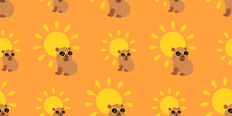 Fototapeta premium Seamless pattern with cute summer capybaras in various poses and items. Hand drawn cartoon flat style. Vacation seasonal template for design, kids collection