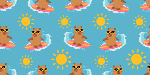 Fototapeta premium Seamless pattern with cute summer capybaras in various poses and items. Hand drawn cartoon flat style. Vacation seasonal template for design, kids collection