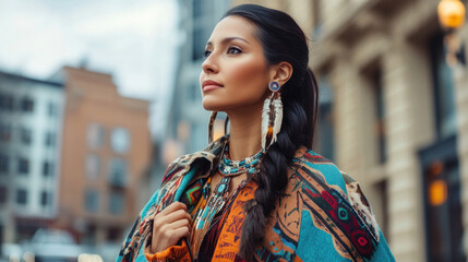 woman wearing colorful patterned shawl and feather earrings standing on urban street. fashion and culture blend. bohemian style and modern city life. perfect for lifestyle blog, fashion magazine.