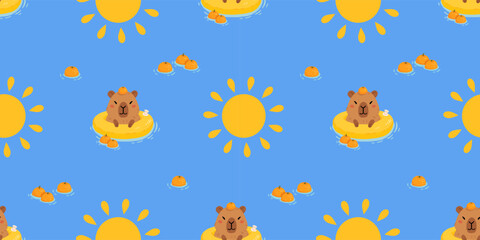 Seamless pattern with cute summer capybaras in various poses and items. Hand drawn cartoon flat style. Vacation seasonal template for design, kids collection