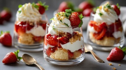 Fresh Strawberry Dessert Parfait with Cream, Cake, and Crumbles in Elegant Glasses with Garnish
